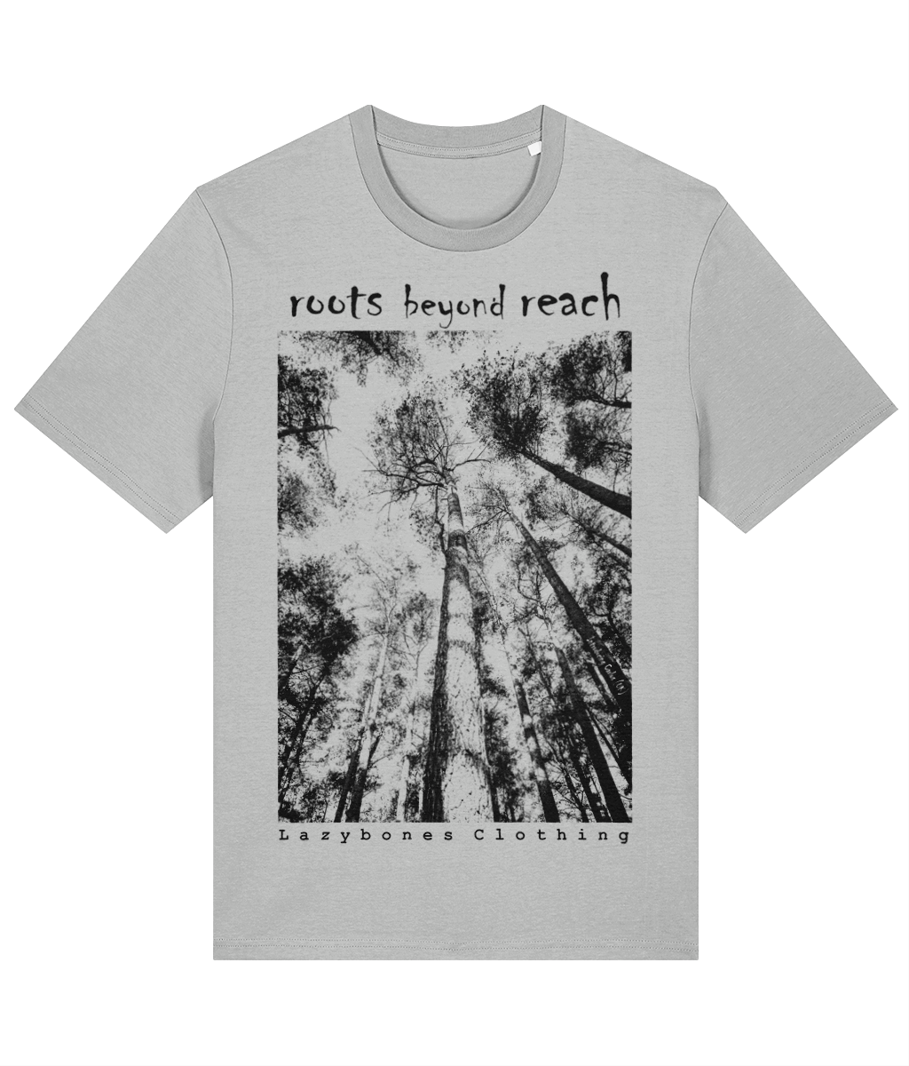 at the top of the t-shirt it says roots beyond reach. below is a photo from the ground looking up at some big trees. below its says lazybones clothing.