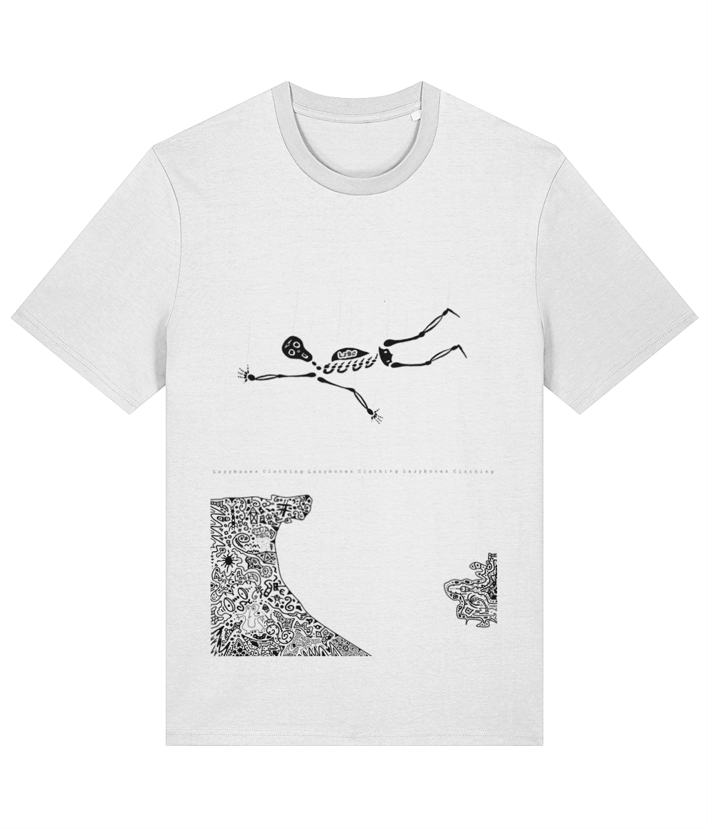 Organic cotton T-shirt featuring a skeleton skydiver in mid-air, frantically avoiding landing in a mysterious town called Roses. Ethically made, sustainably sourced, and soft to the touch, this T-shirt combines bold storytelling with comfort and eco-conscious style. White t-shirt with black artwork
