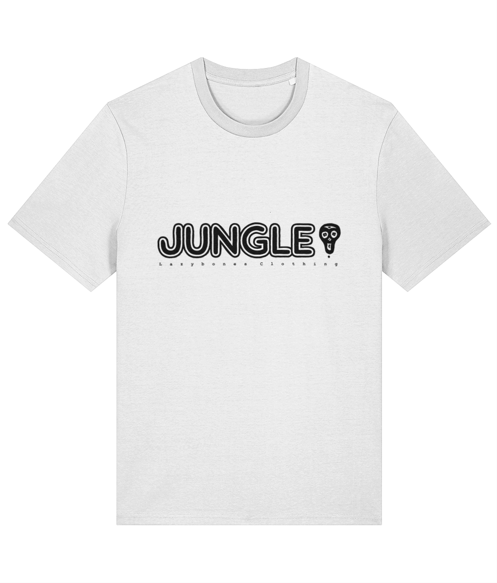 The word Jungle in capital letters with a skull to the side. Below if says lazybones Clothing with spaced out letters. The text and artwork are in black on a white t-shirt