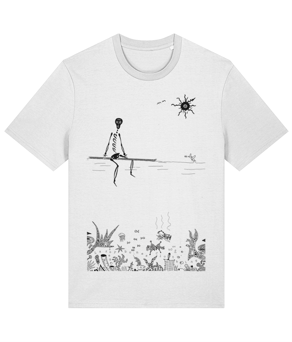 White organic cotton round-neck T-shirt featuring black artwork of a skeleton sitting on a surfboard, waiting for waves, with organic life and pollution at the bottom of the sea. Ethically made and sustainably sourced, this design combines adventure with a powerful environmental message.