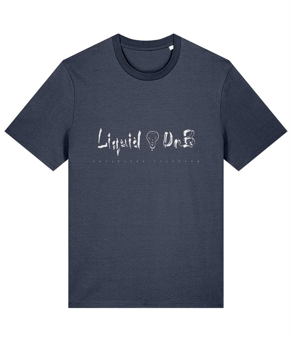 The words liquid DnB divided by the Lazybones skull. Below it says Lazybones clothing. The artwork and text are in white on an Indian ink T-shirt.