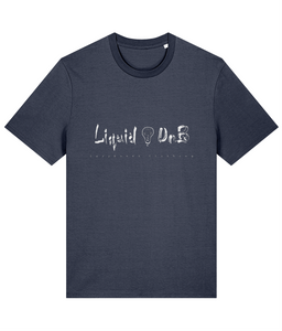 The words liquid DnB divided by the Lazybones skull. Below it says Lazybones clothing. The artwork and text are in white on an Indian ink T-shirt.