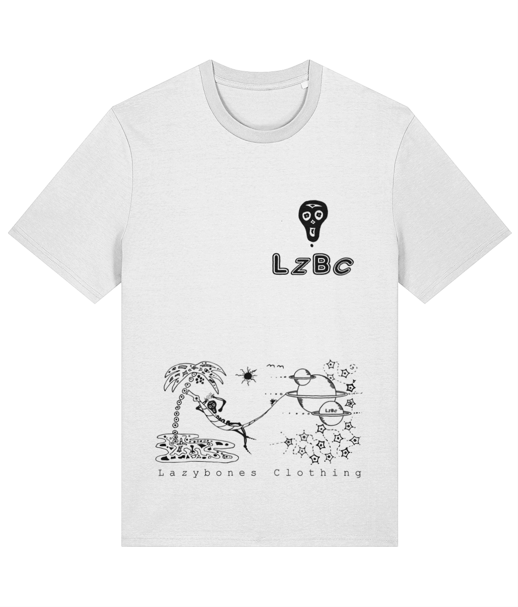 Left chest pocket is a lazybones skull and the letters LZBC. At the bottom of the T-shirt is the lazybones  skeleton laying in a hammock which is suspended between a palm tree and a planet surrounded by stars. The text and artwork is in black on a white T-shirt.