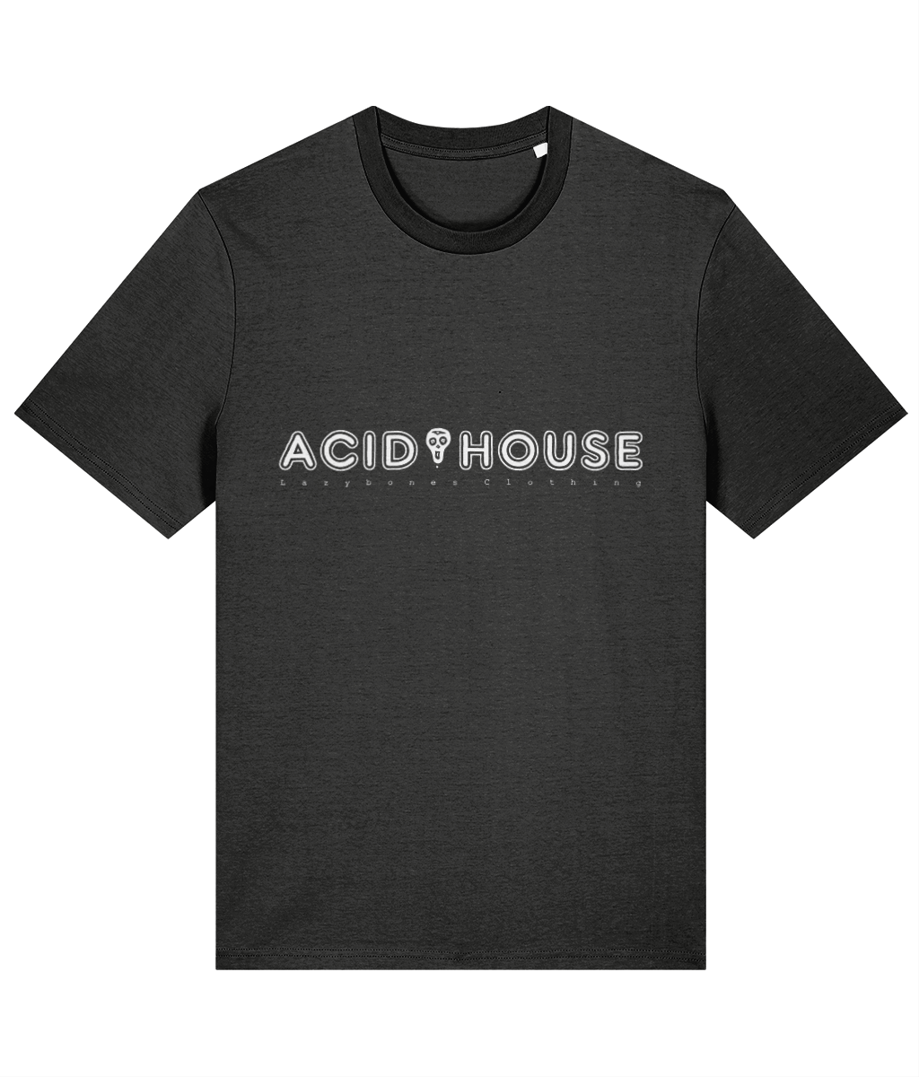 The words acid house in capital letters separated by a skull. Below it says lazybones Clothing with spaced out letters. The text and artwork are in white on a dark grey t-shirt