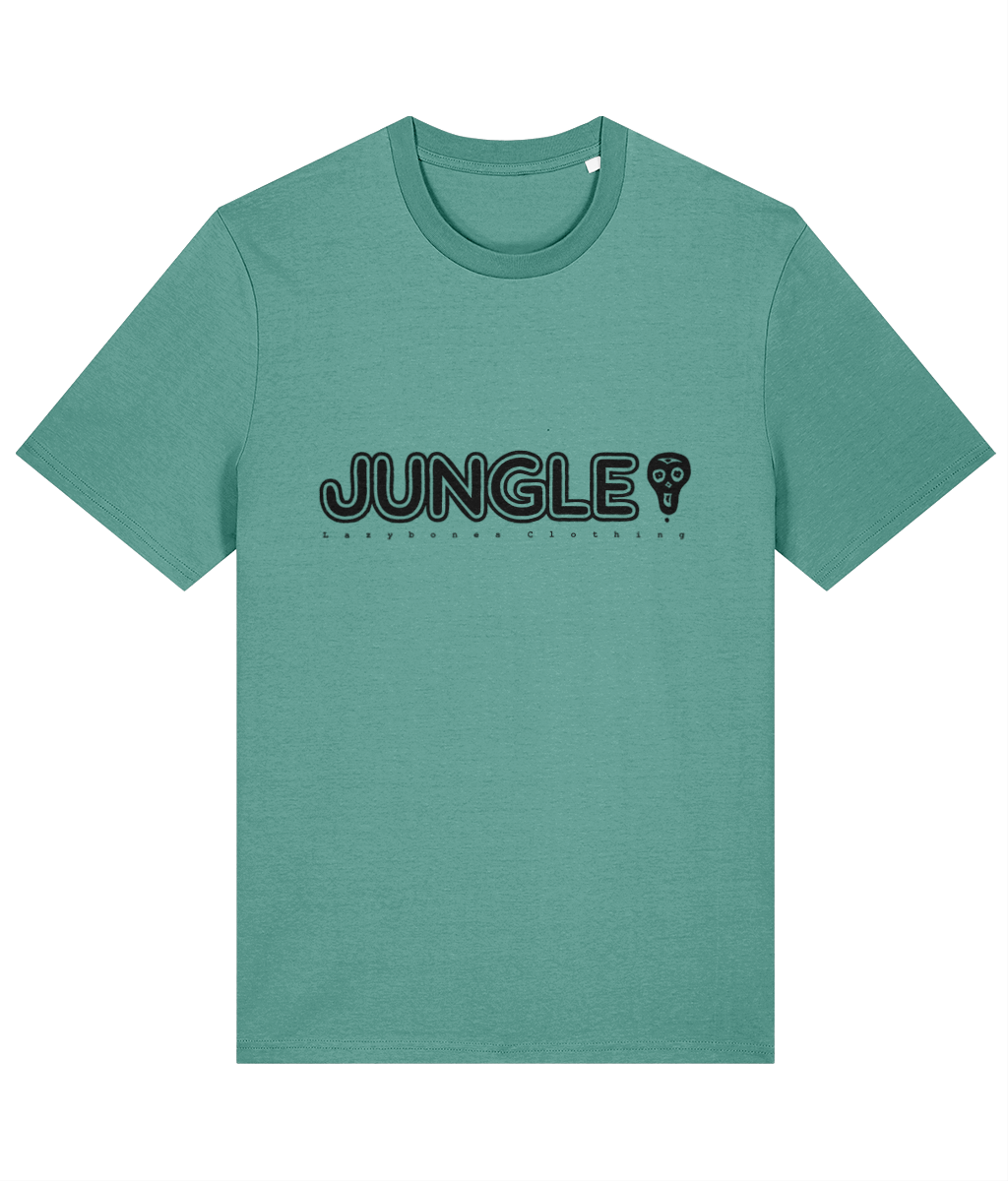 The word Jungle in capital letters with a skull to the side. Below if says lazybones Clothing with spaced out letters. The text and artwork are in black on a green t-shirt