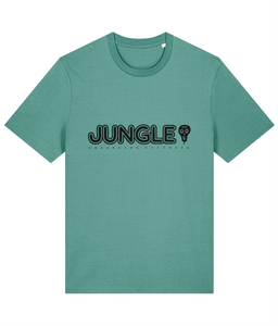 The word Jungle in capital letters with a skull to the side. Below if says lazybones Clothing with spaced out letters. The text and artwork are in black on a green t-shirt