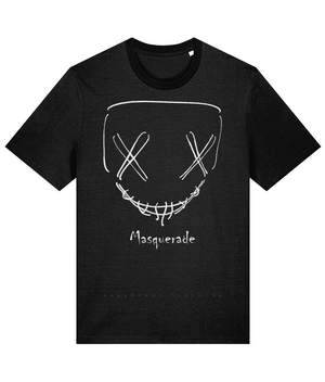 T-shirt featuring a bold mask design with the word "Masquerade" printed below. Made from 100% organic cotton, the shirt is sustainably sourced and ethically produced. The design is elegant and mysterious, offering a unique, eco-friendly fashion statement. Perfect for those who value conscious fashion and stylish self-expression