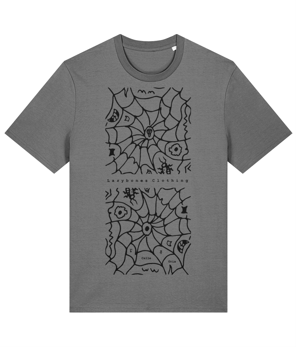 Two siders webs mirrored symmetrically with the words Lazybones clothing between the images. The webs contain two flying birds, a spider like creature. The top design has the lazybones skull in the middle. Within the web of the bottom design there are the words La Calle De Gris at different angles. The artwork is black on a mid heather grey T-shirt.