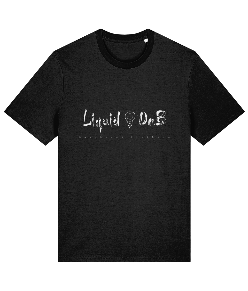 The words liquid DnB divided by the Lazybones skull. Below it says Lazybones clothing. The artwork and text are in white on a black T-shirt.