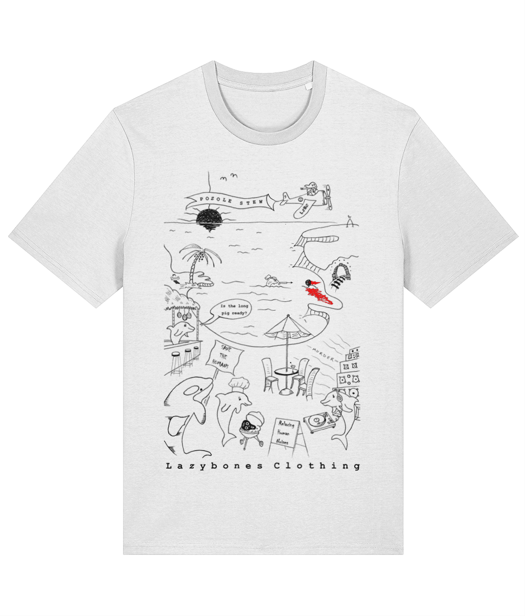 A dolphin and whale protest t-shirt with the sea creatures killing and eating the humans. The design is black on a white t-shirt.