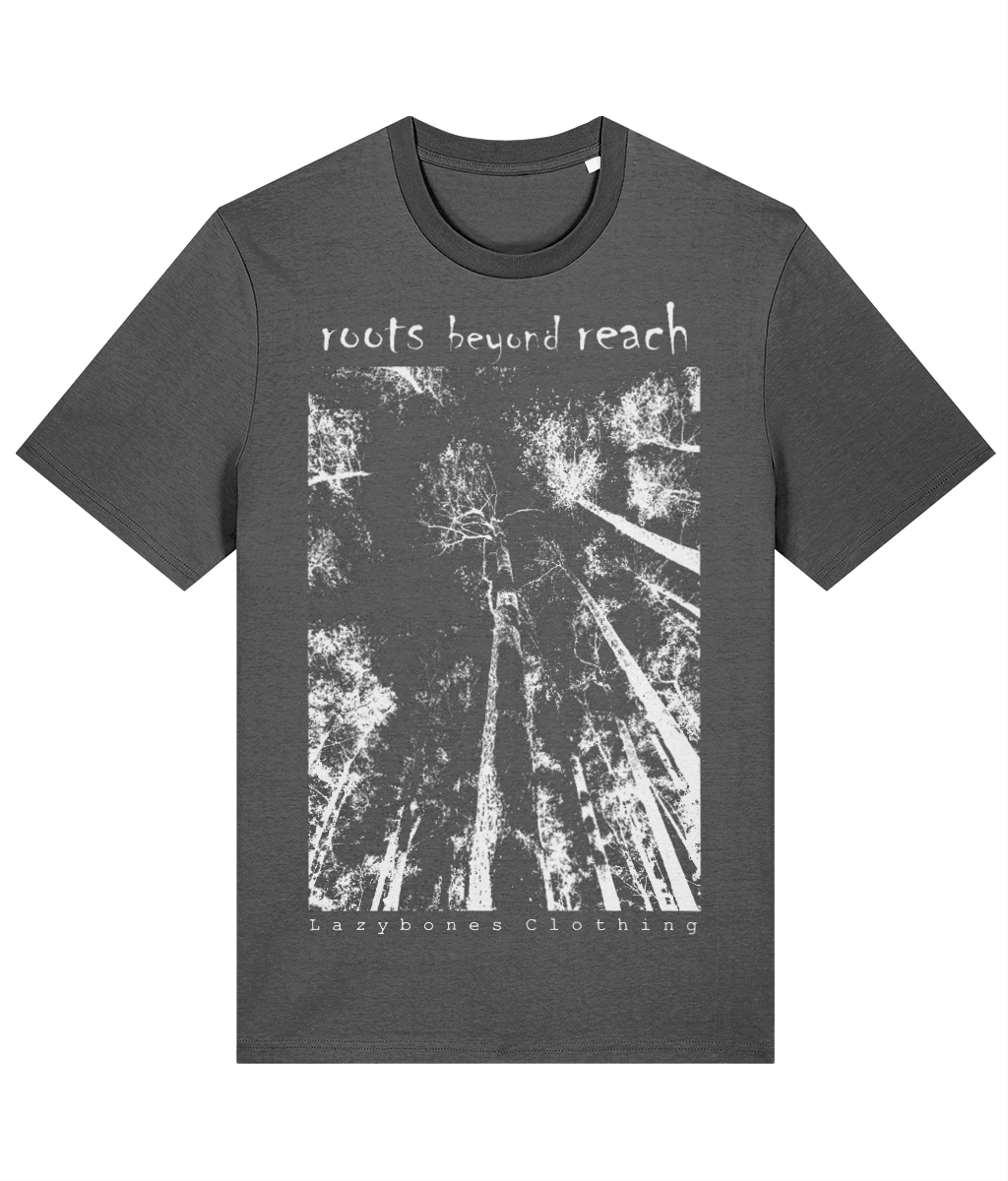 at the top of the t-shirt it says roots beyond reach. below is a photo from the ground looking up at some big trees. below its says lazybones clothing.