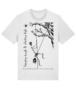 This T-shirt has the words hanging tough and climbing high. It features a skeleton hanging from a rope system from a tree