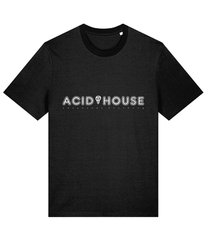 The words acid house in capital letters separated by a skull. Below it says lazybones Clothing with spaced out letters. The text and artwork are in white on a black t-shirt