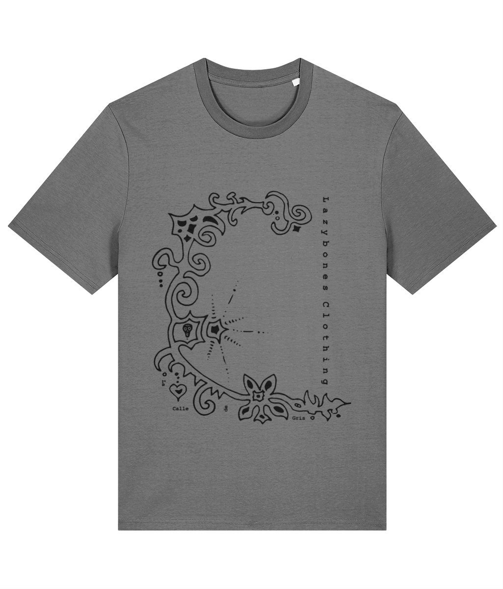 The design an arc shape that looks like it has a small explosion in the middle. At the bottom of the arc are the words La Calle de Gris at right angles and sort of hidden in within the design. On the left hand side are the words lazybones clothing sideways. The artwork and text are in black and its printed on a super soft elegant organic cotton T-shirt in a mid heather grey colour.