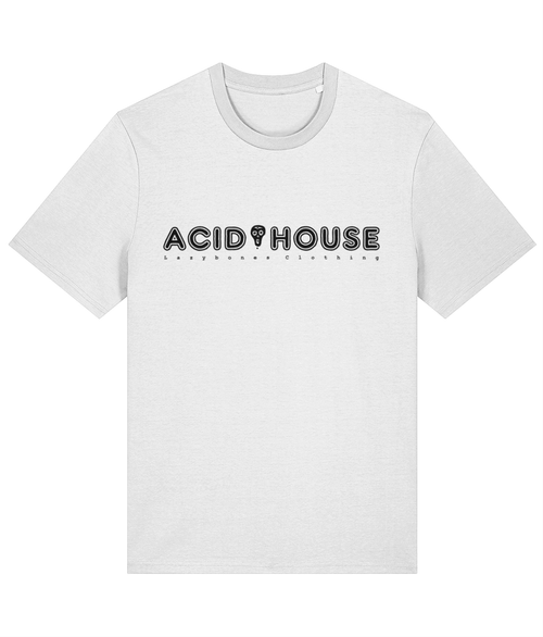 The words acid house in capital letters separated by a skull. Below it says lazybones Clothing with spaced out letters. The text and artwork are in black on a white t-shirt