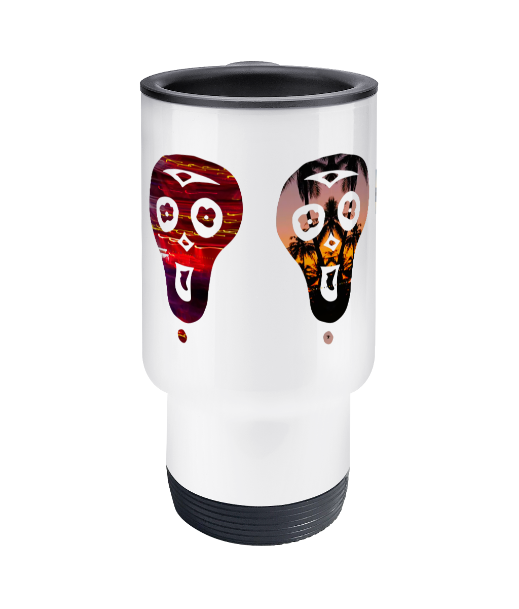 Travel mug with four colourful skull illustrations in striking red, blue, green, and gold, perfect for keeping drinks at the ideal temperature