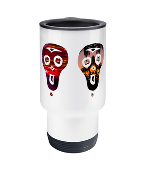 Travel mug with four colourful skull illustrations in striking red, blue, green, and gold, perfect for keeping drinks at the ideal temperature