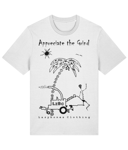 a skeleton going through a wood chipper underneath a palm tree with the words appreciate the grind at the top
