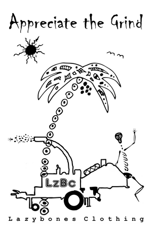 a skeleton going through a wood chipper underneath a palm tree with the words appreciate the grind at the top. This is the image that will be printed onto the garments.