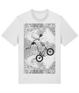 The "Be Riding Today" T-shirt on a crisp white canvas highlights a bike performing a manual with a twist, capturing the thrill of the trick. Made from 100% organic cotton and sustainably sourced, this eco-friendly tee is both comfortable and stylish. Perfect for those who push boundaries and want to showcase their adventurous spirit in a bold, clean look.