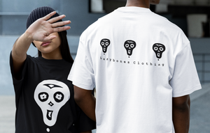 a woman and a man wearing lazybones black and white t-shirts