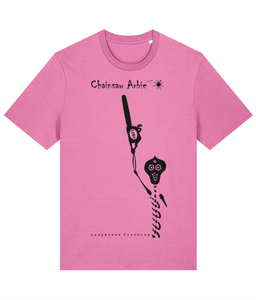 A female skeleton holding a chainsaw above her head with the words chainsaw arbie at the top next to two small birds and a sun image. At the bottom it says Lazybones Clothing. All the text and artwork are in black on a bubble pink organic tee with a crew neck