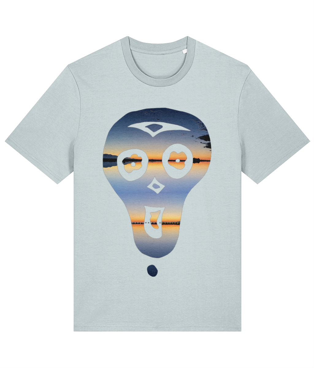 The lazybones skull with a delta sunset inside on an organic cotton tee in ice blue, beautiful skies and water, perfect for a chilled vibe
