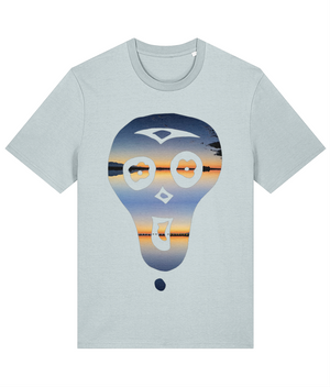 The lazybones skull with a delta sunset inside on an organic cotton tee in ice blue, beautiful skies and water, perfect for a chilled vibe