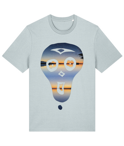 The lazybones skull with a delta sunset inside on an organic cotton tee in ice blue, beautiful skies and water, perfect for a chilled vibe