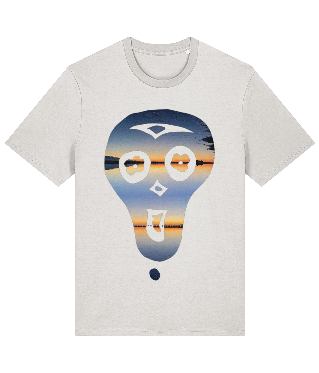 The lazybones skull with a delta sunset inside on an organic cotton tee in vintage white