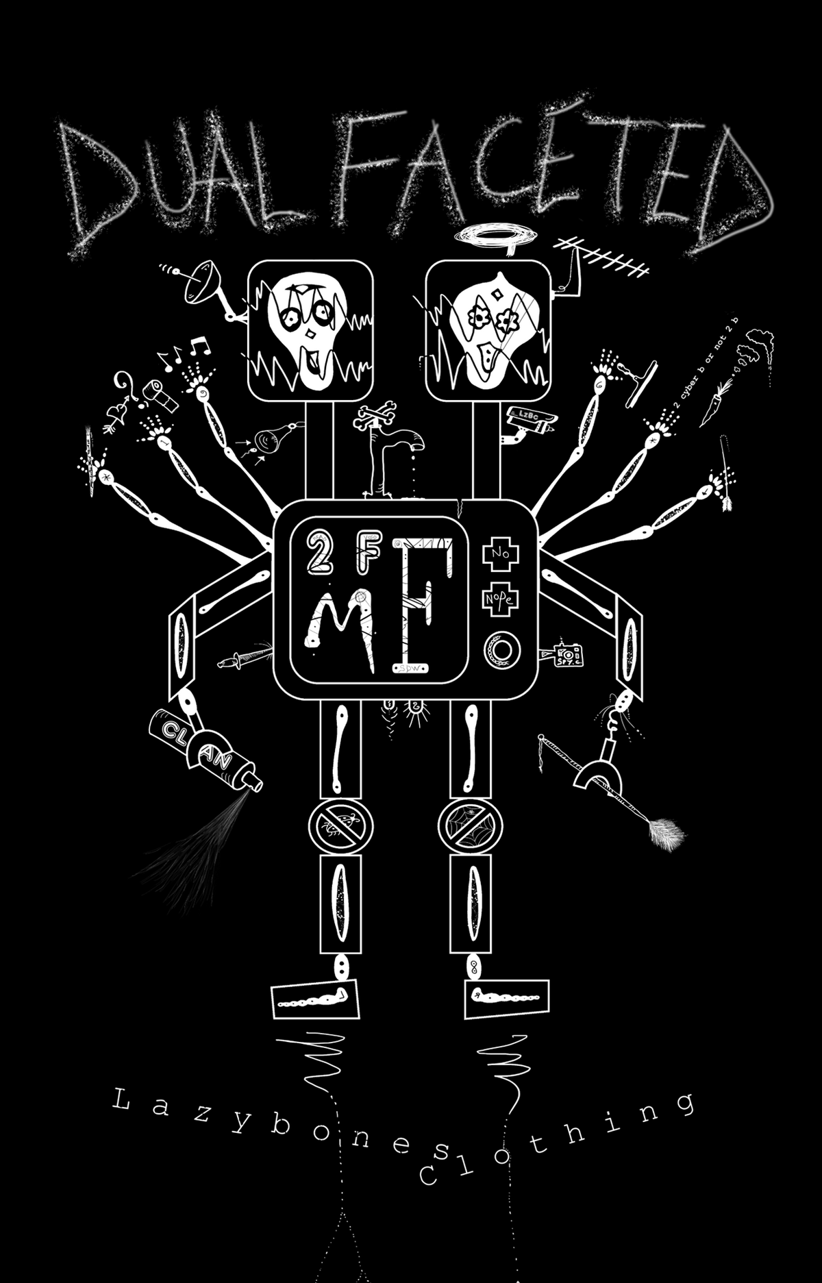 Futuristic T-shirt with a dual-headed robot and hidden mysteries.