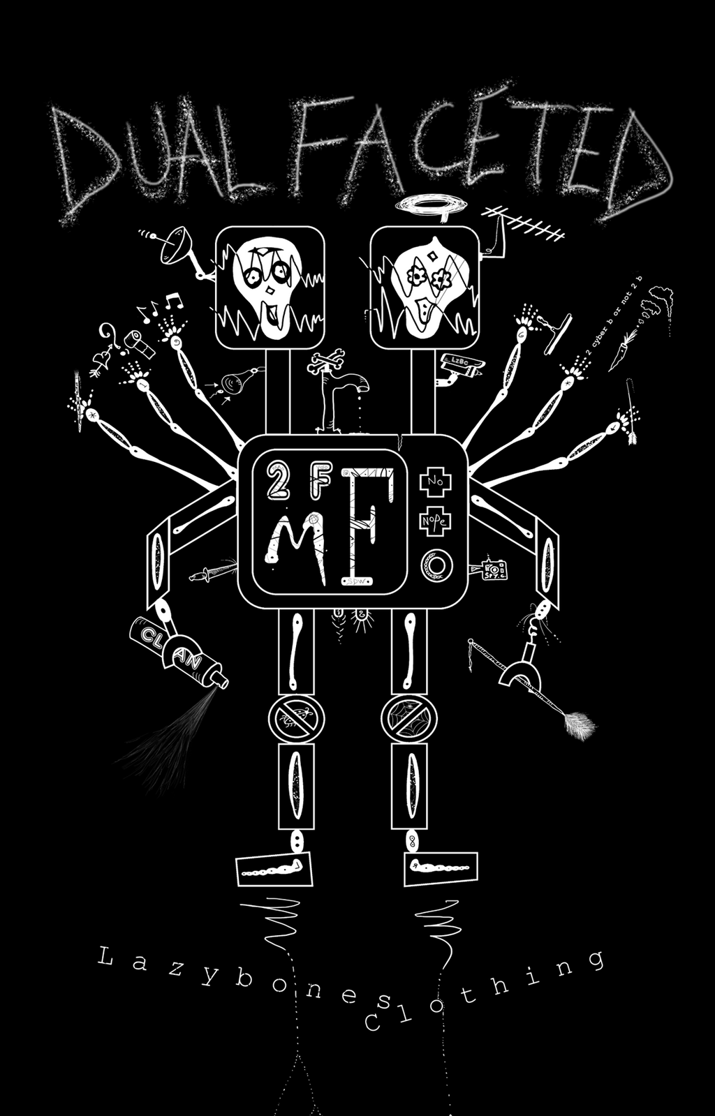 Futuristic T-shirt with a dual-headed robot and hidden mysteries.