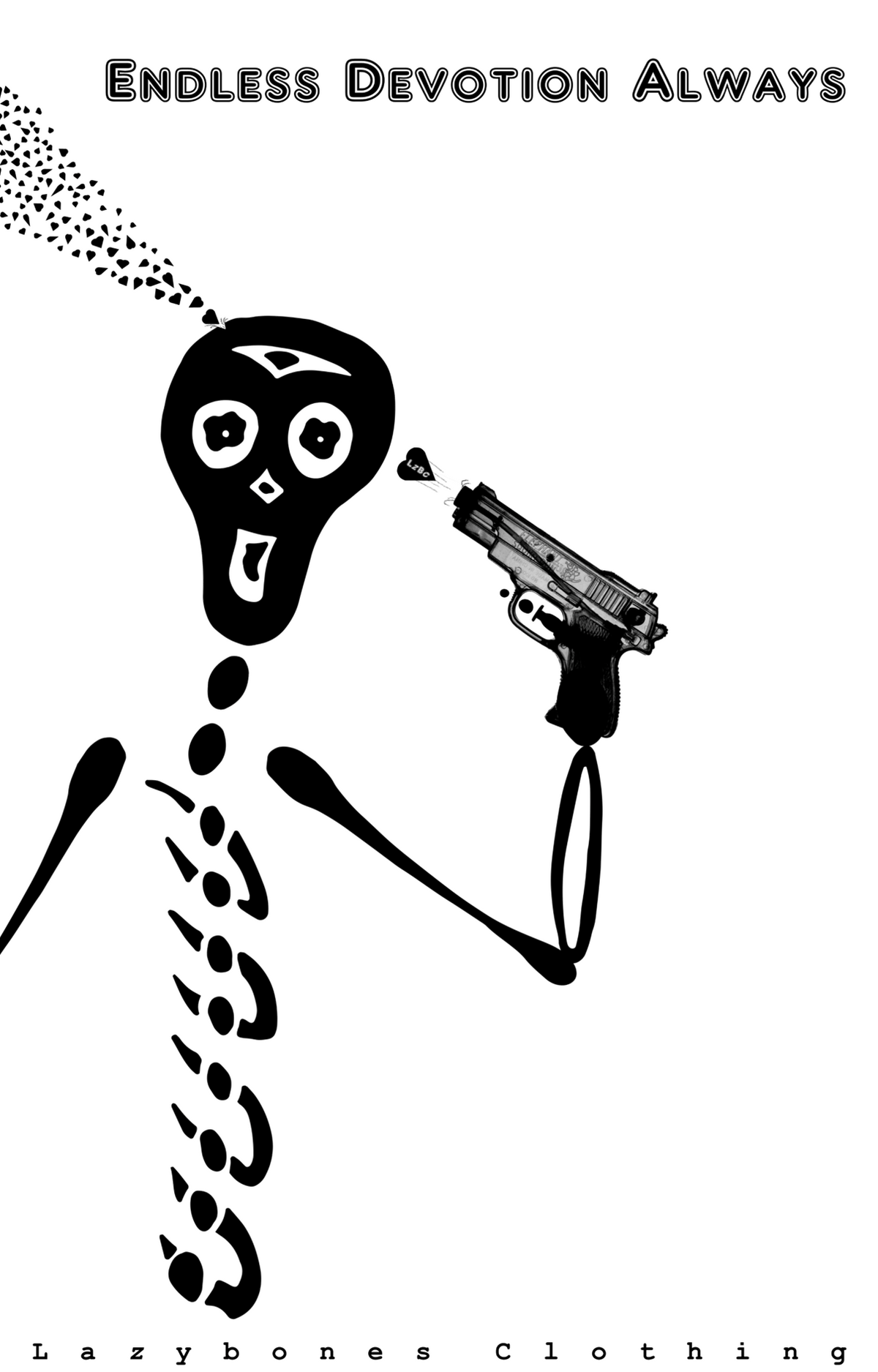 Embrace the contrast of life with our thought-provoking round-neck T-shirt!

Made from organic cotton, this design features a skeleton playfully washing its brains out with a water pistol, a love heart bullet at the centre.

Crafted from sustainably sourced materials and ethically produced, this shirt blends dark humor with whimsical art.

The juxtaposed message of love and destruction makes it the perfect statement piece for those who dare to think differently.
