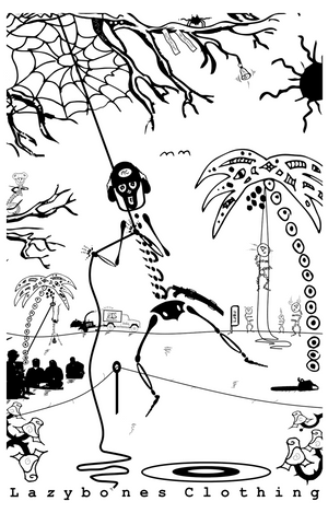 This T-shirt shows a skeleton abseiling from a tree onto a target on the floor. The words lazybones clothing are at the bottom. The artwork and text are in black.
