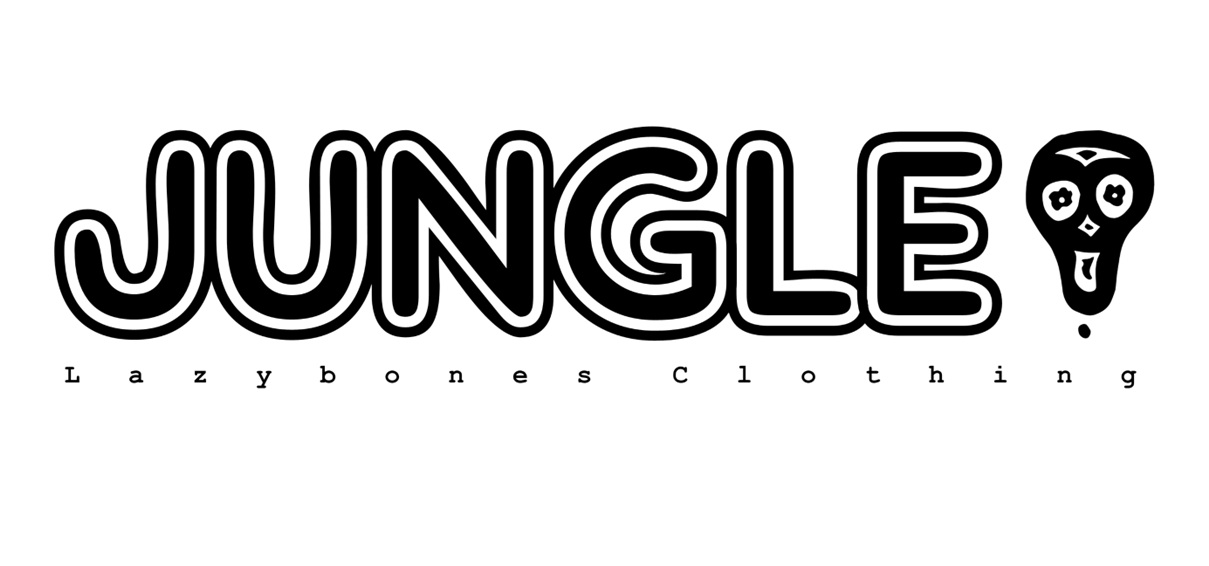 The word Jungle in capital letters with a skull to the side. Below if says lazybones Clothing with spaced out letters. The text and artwork are in black. This is the file that is printed onto the T-shirt
