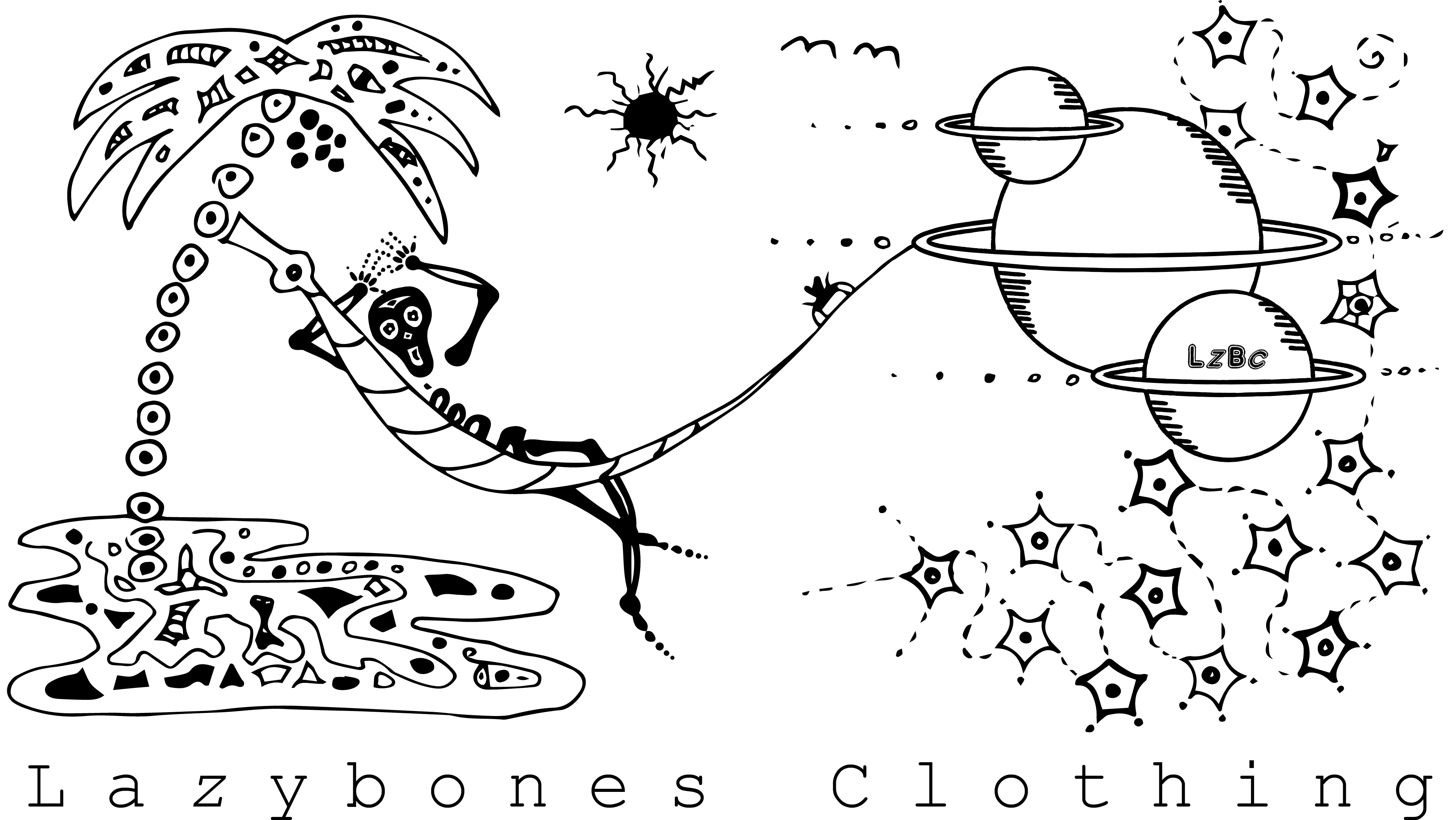 Left chest pocket is a lazybones skull and the letters LZBC. At the bottom of the T-shirt is the lazybones skeleton laying in a hammock which is suspended between a palm tree and a planet surrounded by stars. 