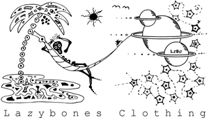 Left chest pocket is a lazybones skull and the letters LZBC. At the bottom of the T-shirt is the lazybones skeleton laying in a hammock which is suspended between a palm tree and a planet surrounded by stars. 