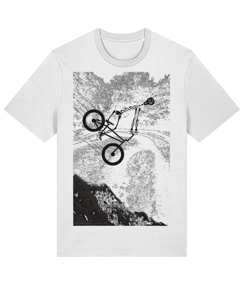 The "Smile I Say" T-shirt on a crisp white canvas showcases an off-road bike landing a thrilling jump, embodying the spirit of adventure. Crafted from 100% organic cotton and sustainably sourced, this eco-conscious tee offers both comfort and style. Ideal for those who embrace an active lifestyle while caring for the environment. Bold, clean, and ready for action!