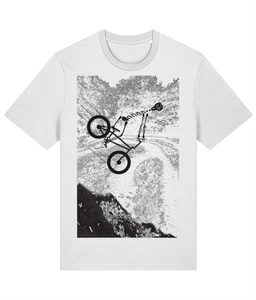 The "Smile I Say" T-shirt on a crisp white canvas showcases an off-road bike landing a thrilling jump, embodying the spirit of adventure. Crafted from 100% organic cotton and sustainably sourced, this eco-conscious tee offers both comfort and style. Ideal for those who embrace an active lifestyle while caring for the environment. Bold, clean, and ready for action!