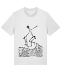 White organic cotton round-neck T-shirt featuring black artwork of a skeleton skateboarding over a surreal landscape. Sustainably sourced and ethically made, this design blends adventure with eco-conscious style and creative expression.