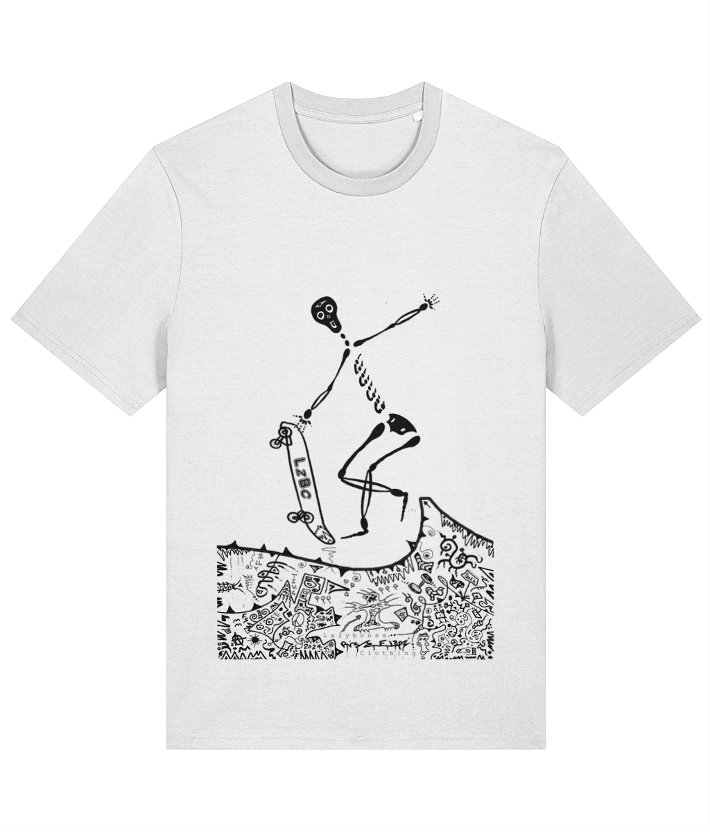White organic cotton round-neck T-shirt featuring black artwork of a skeleton skateboarding over a surreal landscape. Sustainably sourced and ethically made, this design blends adventure with eco-conscious style and creative expression.