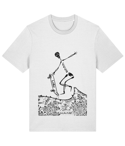 White organic cotton round-neck T-shirt featuring black artwork of a skeleton skateboarding over a surreal landscape. Sustainably sourced and ethically made, this design blends adventure with eco-conscious style and creative expression.