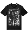 at the top of the t-shirt it says roots beyond reach. below is a photo from the ground looking up at some big trees. below its says lazybones clothing.