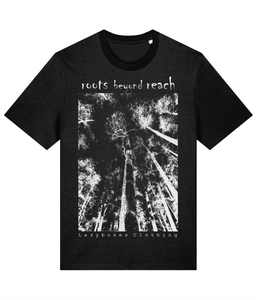 at the top of the t-shirt it says roots beyond reach. below is a photo from the ground looking up at some big trees. below its says lazybones clothing.