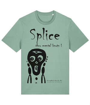 
Sean, the tattooed arborist, inspires connection and care. This organic cotton T-shirt, in earthy hues, showcases the phrase Splice Through Mental Knots—a nod to his passion for splicing and his open approach to mental health conversations. Thoughtfully designed and sustainably made, it reflects Sean’s commitment to supporting others and nurturing both people and the planet. Aloe green t-shirt with black artwork and text.
