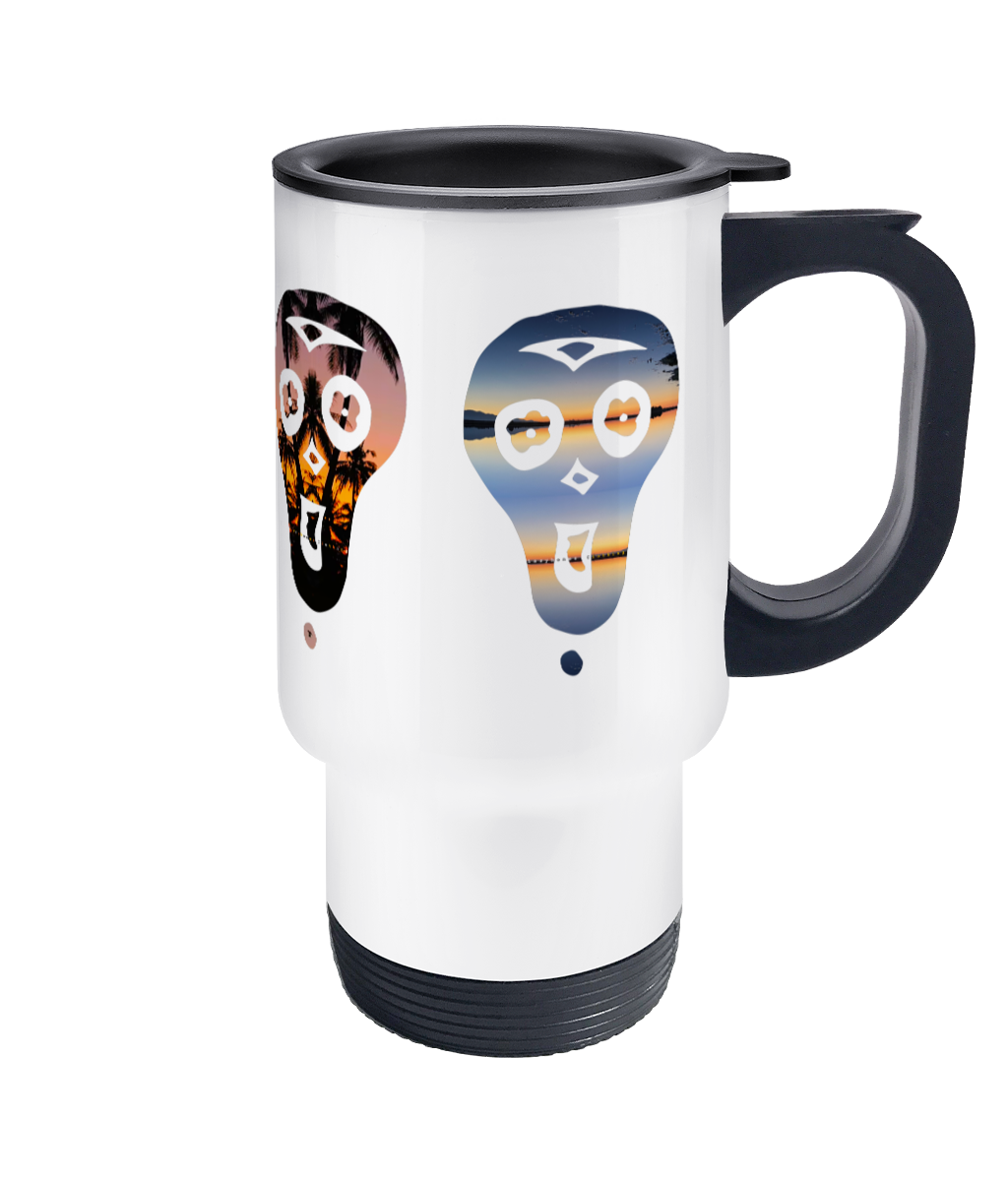 Stylish travel mug showcasing four unique skull designs in bold red, blue, green, and gold hues, ideal for adventures and everyday use."