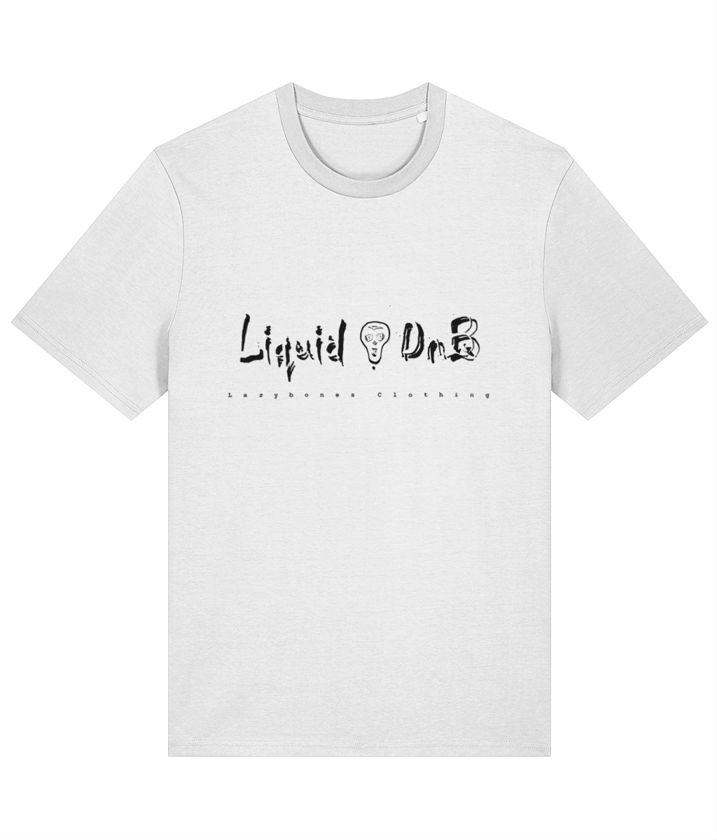 The words liquid DnB divided by the Lazybones skull. Below it says Lazybones clothing. The artwork and text are in black on a white T-shirt.
