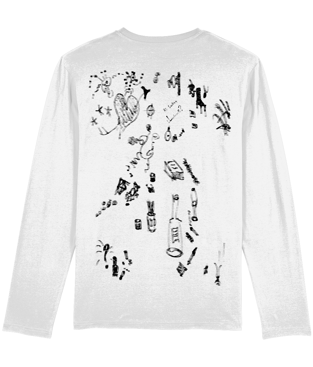 A crisp white organic cotton long-sleeve, traced with black doodles like fleeting thoughts. A bottle lost in time, a chair waiting for no one—scattered across the back in a surreal dance of ink and emptiness. Ethically crafted, sustainably sourced—this isn’t just a shirt, it’s a canvas of the subconscious, worn like a half-remembered dream.