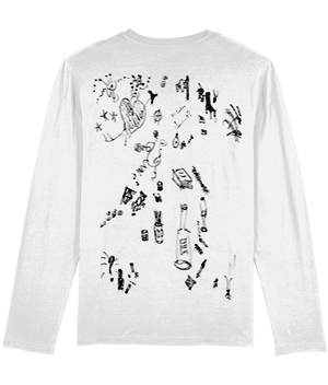 A crisp white organic cotton long-sleeve, traced with black doodles like fleeting thoughts. A bottle lost in time, a chair waiting for no one—scattered across the back in a surreal dance of ink and emptiness. Ethically crafted, sustainably sourced—this isn’t just a shirt, it’s a canvas of the subconscious, worn like a half-remembered dream.