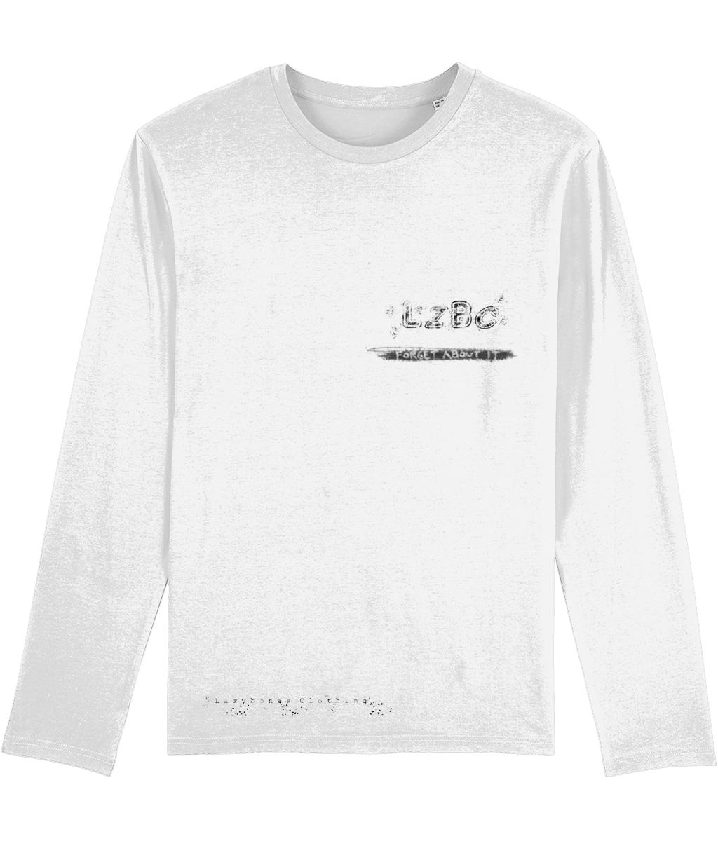 A white organic cotton long-sleeve T-shirt with "LZBC" printed on the front in bold lettering. Below the logo, the phrase "Forget About It" is subtly placed, adding a hint of mystery. Ethically made and sustainably sourced, this minimalist yet intriguing design invites curiosity, blending simplicity with a touch of attitude.